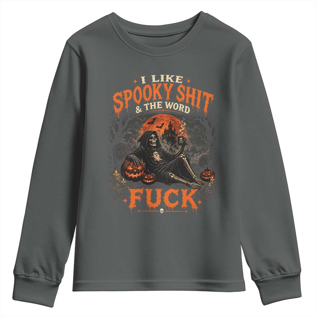 I Like Spooky Shit Grim Reaper Coffee Drinking Halloween Graphic Youth Sweatshirt