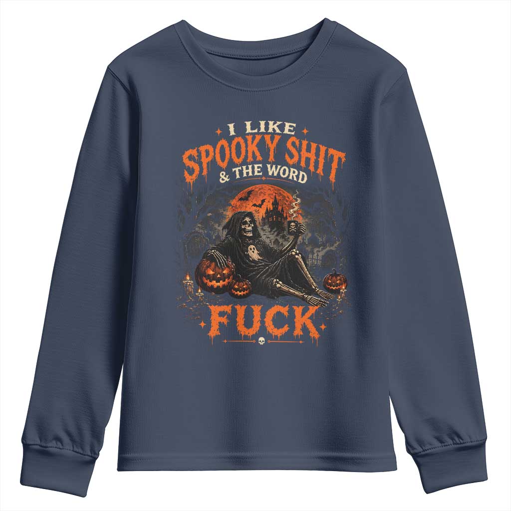 I Like Spooky Shit Grim Reaper Coffee Drinking Halloween Graphic Youth Sweatshirt