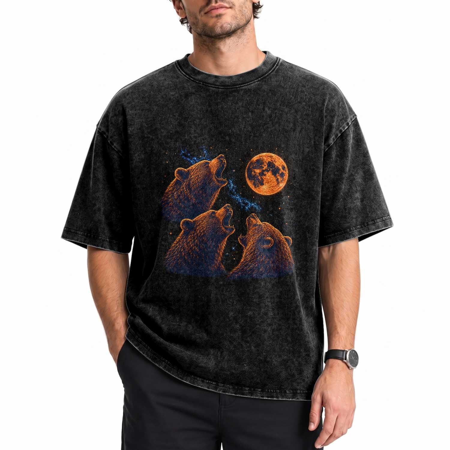 3 Bears Howling at The Moon BF Washed Cotton T-Shirt for Sports Fan Retro 90s Graphic