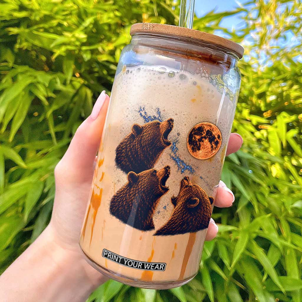 3 Bears Howling at The Moon BF Glass Can for Sports Fan Retro 90s Graphic