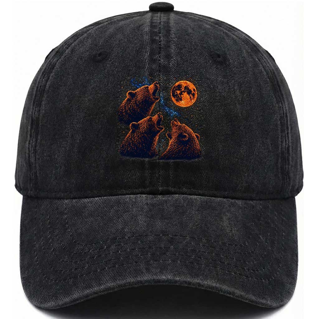 3 Bears Howling at The Moon BF Washed Cotton Baseball Cap for Sports Fan Retro 90s Graphic