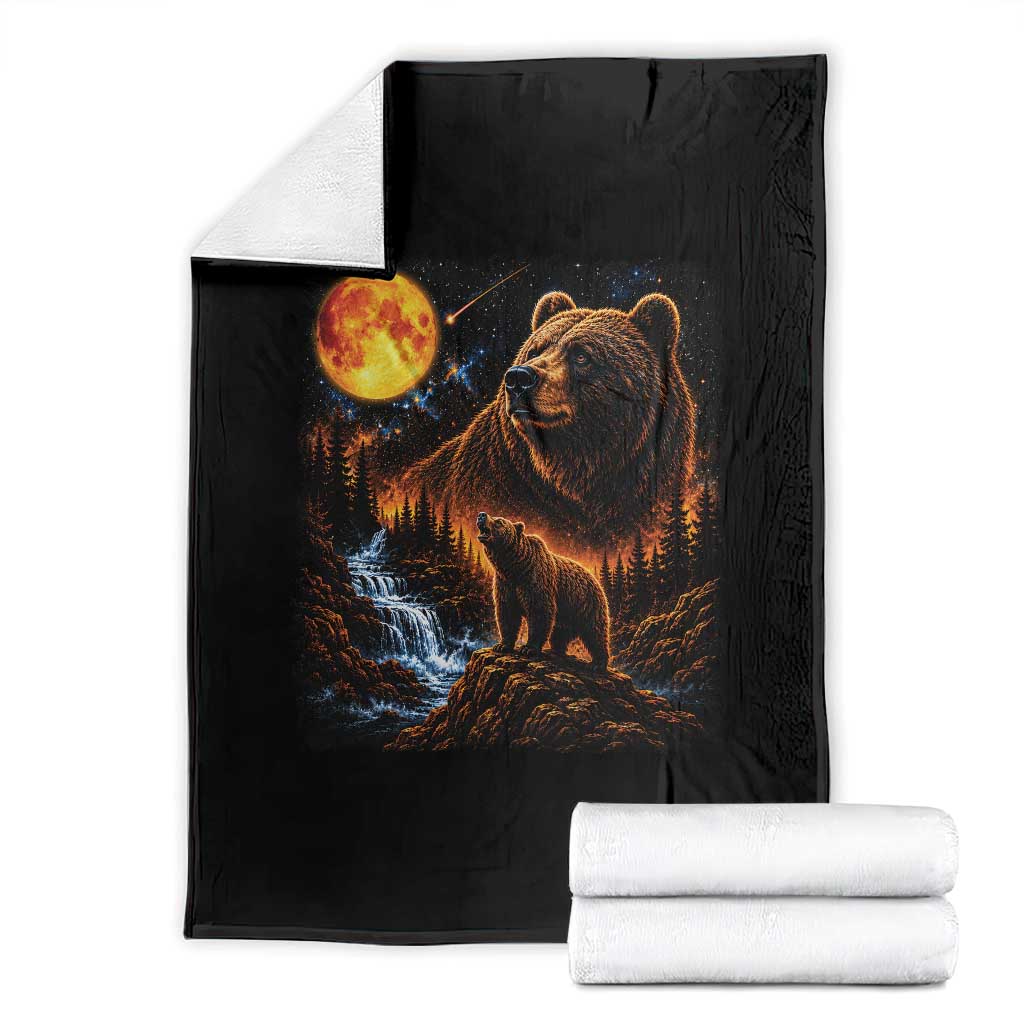 Bear Howling at The Moon 90s Retro Throw Blanket Waterfall Celestial Orange Moon Wildlife Graphic