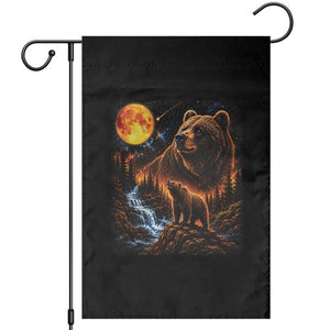 Bear Howling at The Moon 90s Retro Garden Flag Waterfall Celestial Orange Moon Wildlife Graphic