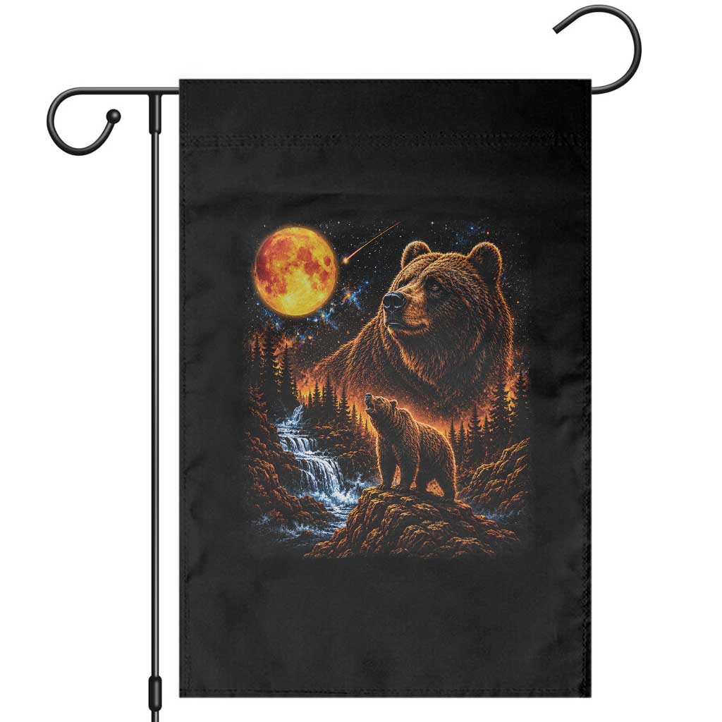 Bear Howling at The Moon 90s Retro Garden Flag Waterfall Celestial Orange Moon Wildlife Graphic