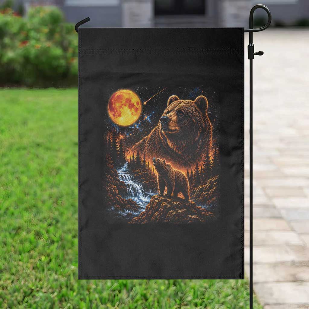 Bear Howling at The Moon 90s Retro Garden Flag Waterfall Celestial Orange Moon Wildlife Graphic