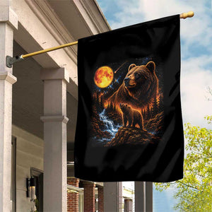 Bear Howling at The Moon 90s Retro Garden Flag Waterfall Celestial Orange Moon Wildlife Graphic