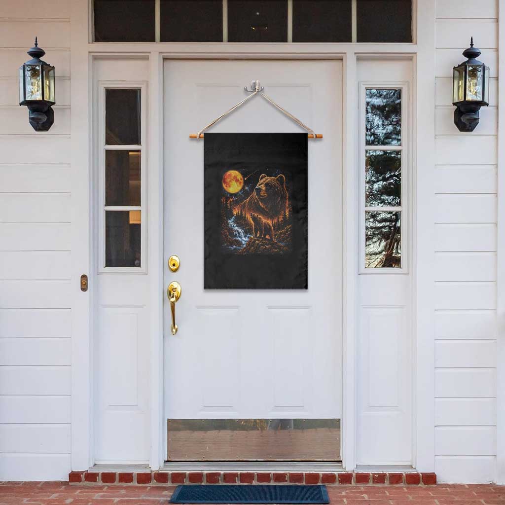 Bear Howling at The Moon 90s Retro Garden Flag Waterfall Celestial Orange Moon Wildlife Graphic