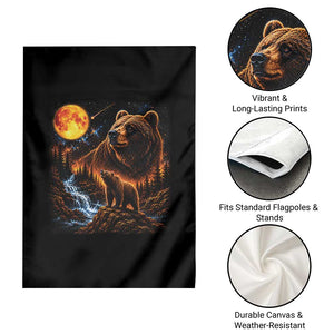 Bear Howling at The Moon 90s Retro Garden Flag Waterfall Celestial Orange Moon Wildlife Graphic