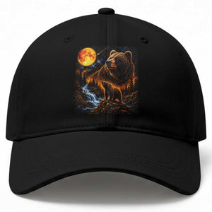 Bear Howling at The Moon 90s Retro Baseball Cap Waterfall Celestial Orange Moon Wildlife Graphic