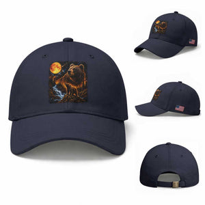 Bear Howling at The Moon 90s Retro Baseball Cap Waterfall Celestial Orange Moon Wildlife Graphic