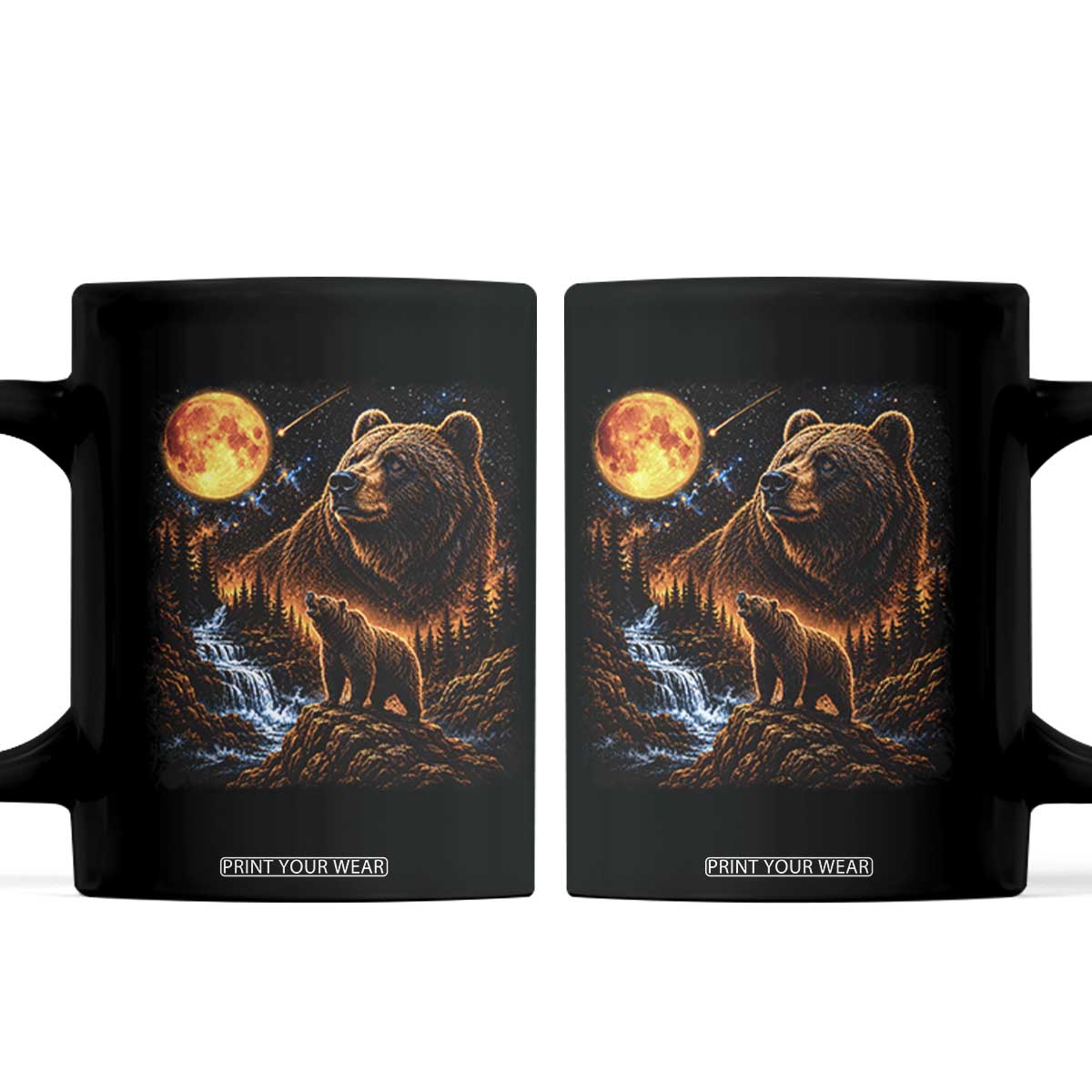 Bear Howling at The Moon 90s Retro Coffee Mug Waterfall Celestial Orange Moon Wildlife Graphic