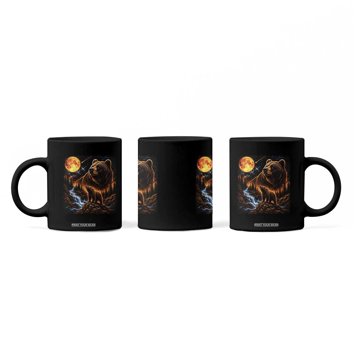 Bear Howling at The Moon 90s Retro Coffee Mug Waterfall Celestial Orange Moon Wildlife Graphic