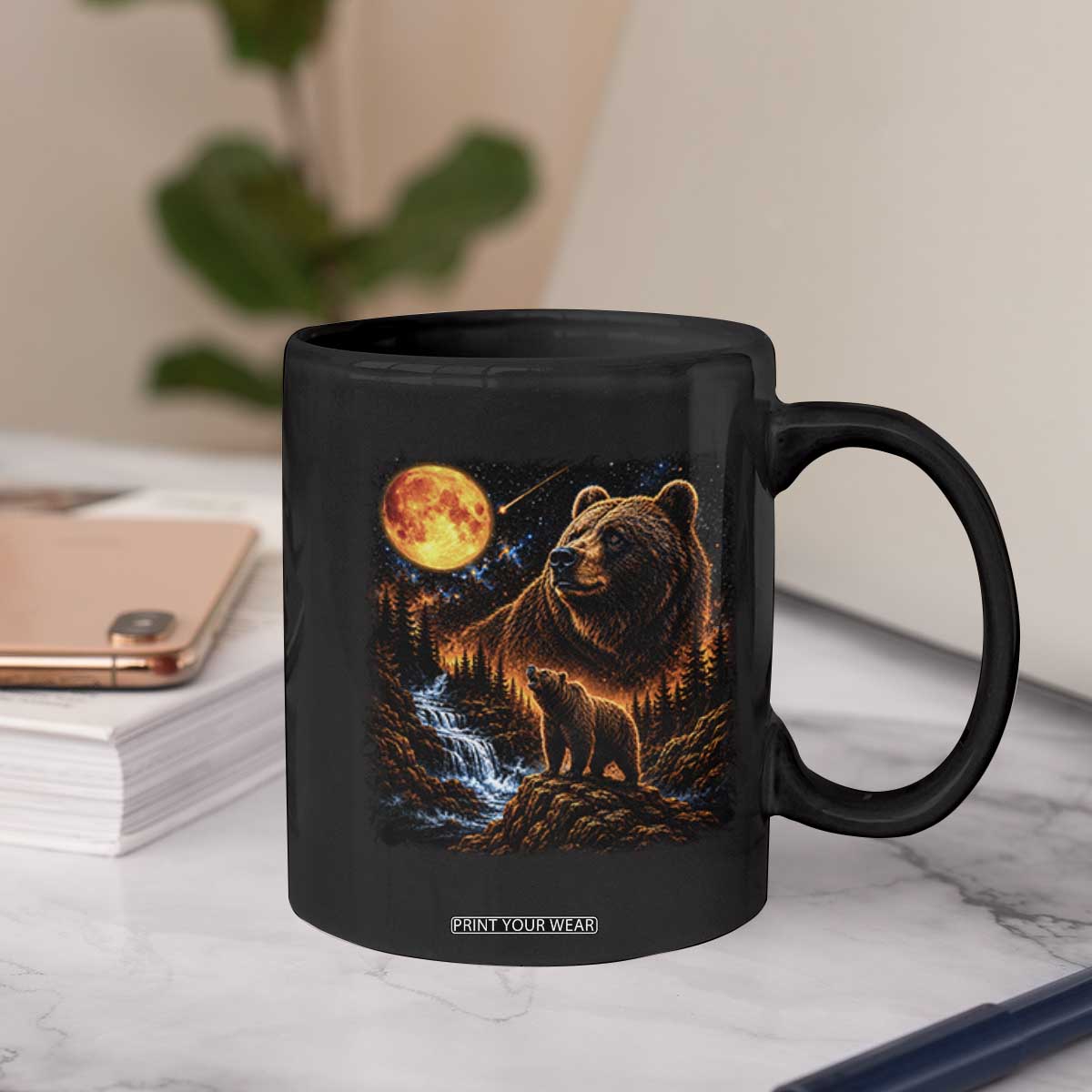 Bear Howling at The Moon 90s Retro Coffee Mug Waterfall Celestial Orange Moon Wildlife Graphic