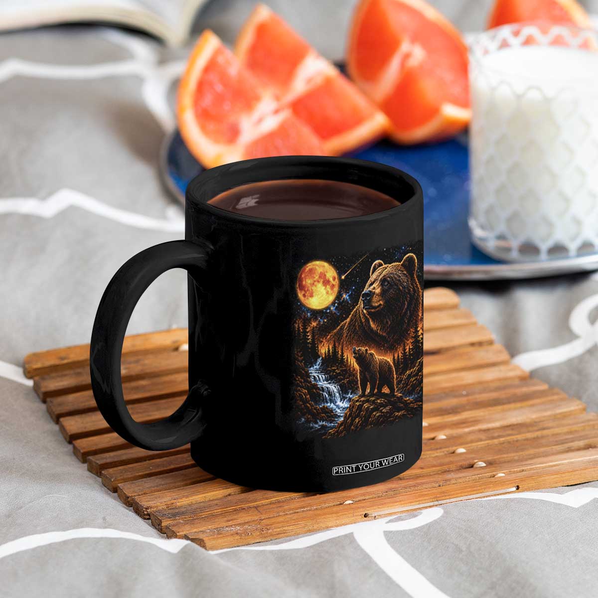 Bear Howling at The Moon 90s Retro Coffee Mug Waterfall Celestial Orange Moon Wildlife Graphic