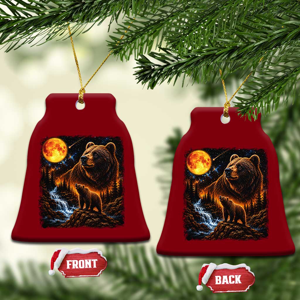 Bear Howling at The Moon 90s Retro Ceramic Ornament Waterfall Celestial Orange Moon Wildlife Graphic