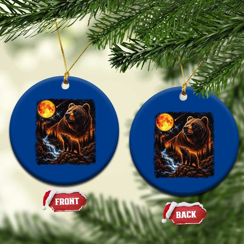 Bear Howling at The Moon 90s Retro Ceramic Ornament Waterfall Celestial Orange Moon Wildlife Graphic
