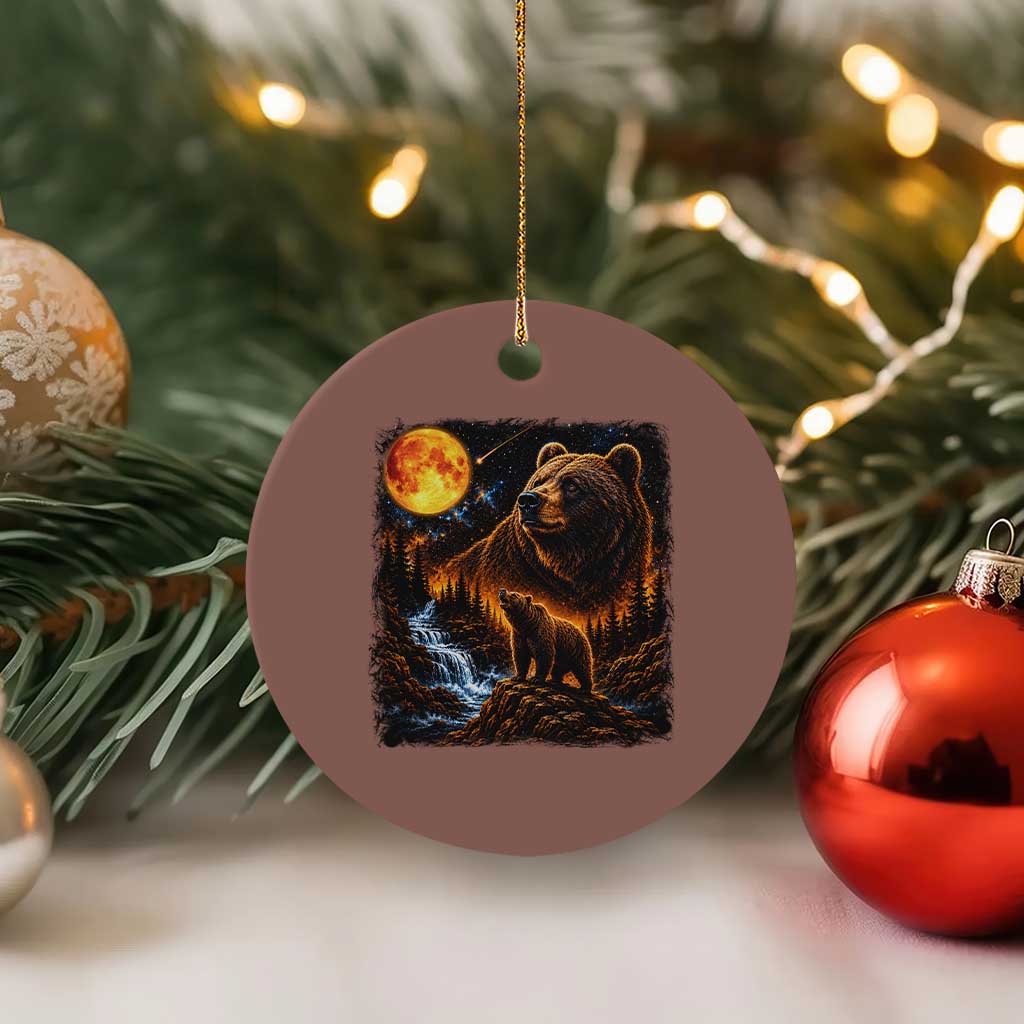 Bear Howling at The Moon 90s Retro Ceramic Ornament Waterfall Celestial Orange Moon Wildlife Graphic