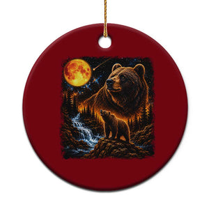 Bear Howling at The Moon 90s Retro Ceramic Ornament Waterfall Celestial Orange Moon Wildlife Graphic