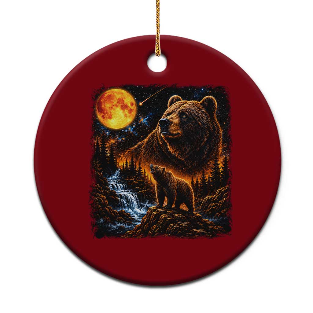 Bear Howling at The Moon 90s Retro Ceramic Ornament Waterfall Celestial Orange Moon Wildlife Graphic