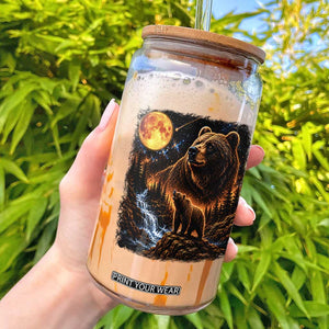 Bear Howling at The Moon 90s Retro Glass Can Waterfall Celestial Orange Moon Wildlife Graphic