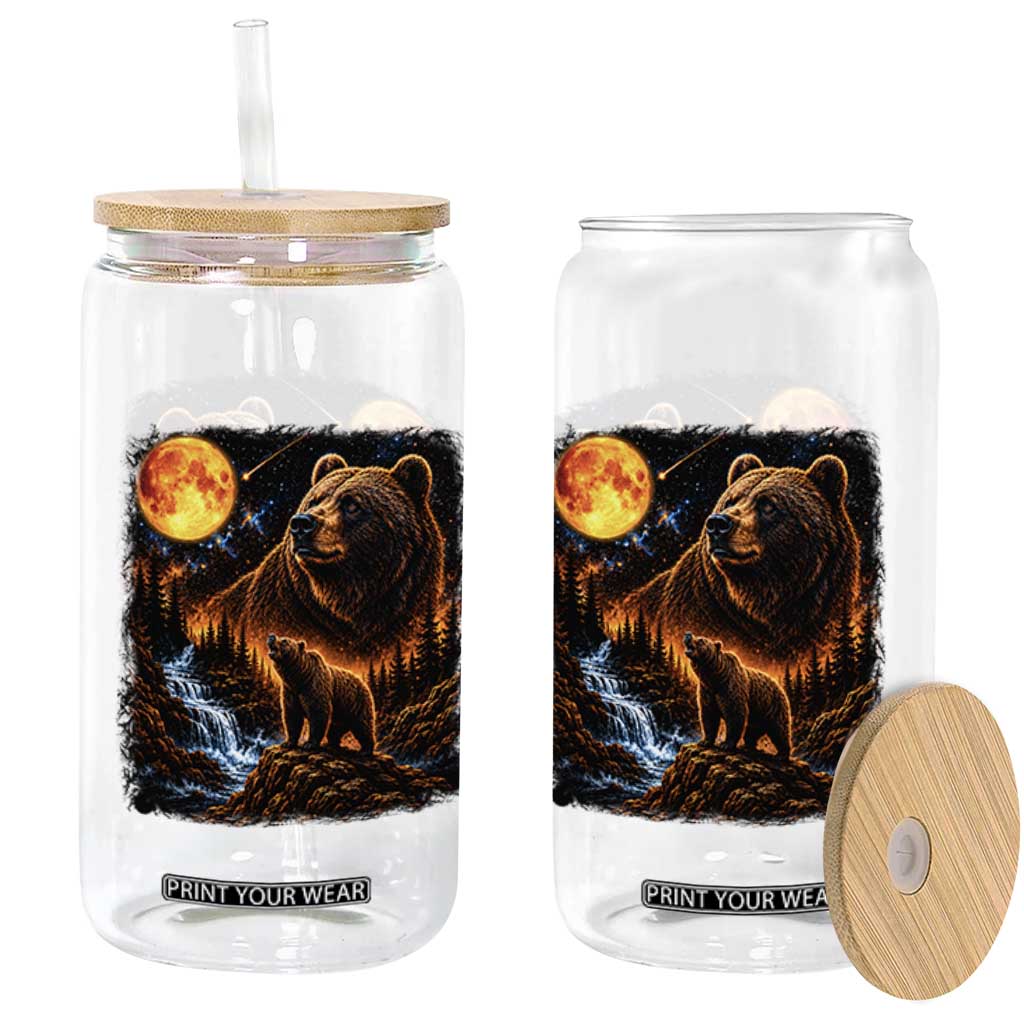 Bear Howling at The Moon 90s Retro Glass Can Waterfall Celestial Orange Moon Wildlife Graphic