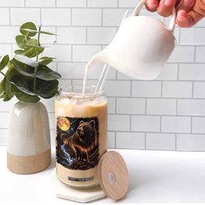 Bear Howling at The Moon 90s Retro Glass Can Waterfall Celestial Orange Moon Wildlife Graphic