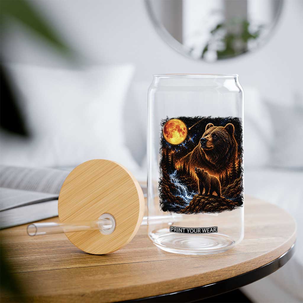 Bear Howling at The Moon 90s Retro Glass Can Waterfall Celestial Orange Moon Wildlife Graphic