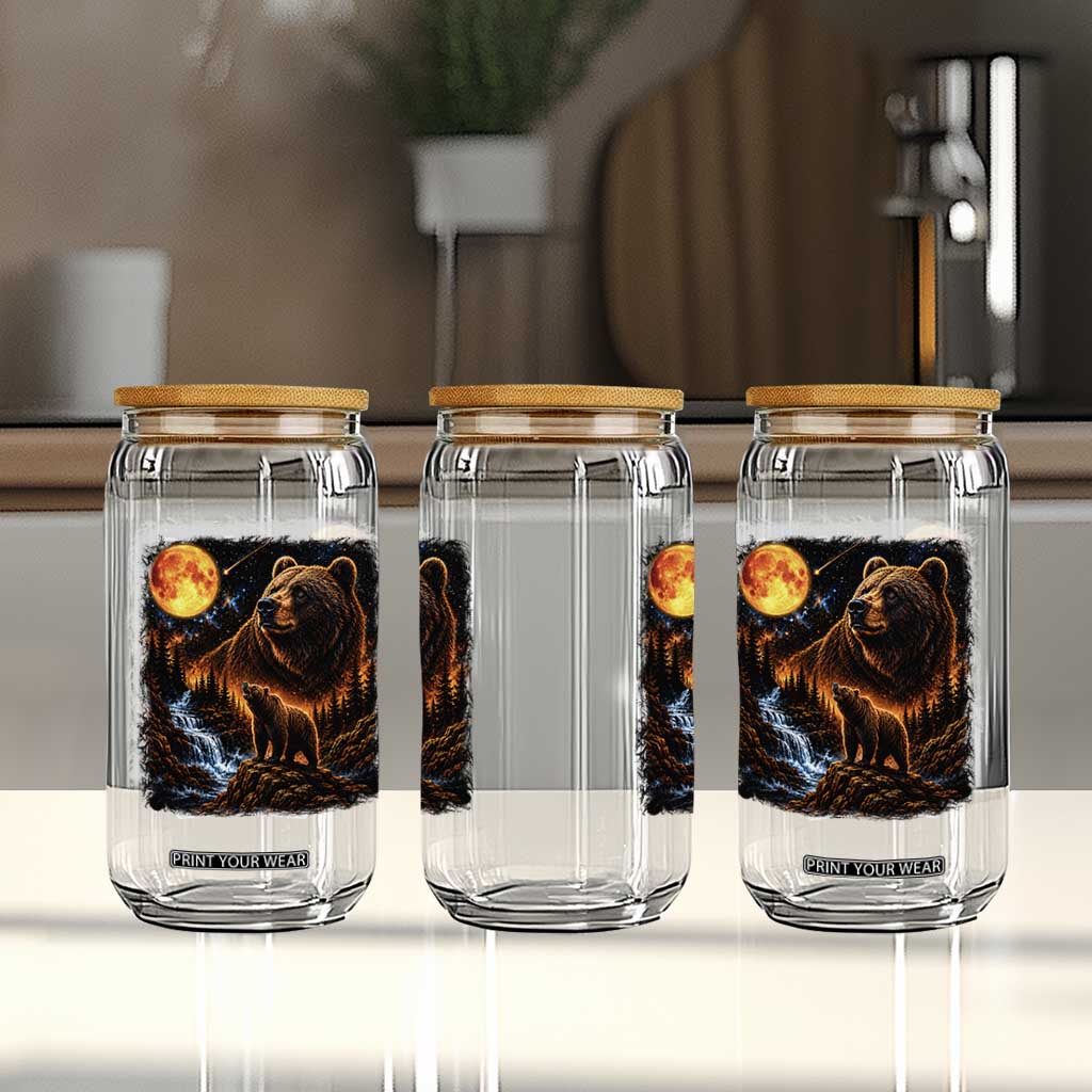 Bear Howling at The Moon 90s Retro Glass Can Waterfall Celestial Orange Moon Wildlife Graphic