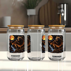 Bear Howling at The Moon 90s Retro Glass Can Waterfall Celestial Orange Moon Wildlife Graphic