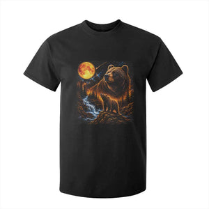 Bear Howling at The Moon 90s Retro T Shirt For Kid Waterfall Celestial Orange Moon Wildlife Graphic