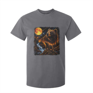 Bear Howling at The Moon 90s Retro T Shirt For Kid Waterfall Celestial Orange Moon Wildlife Graphic
