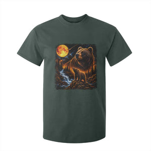 Bear Howling at The Moon 90s Retro T Shirt For Kid Waterfall Celestial Orange Moon Wildlife Graphic