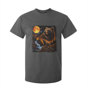 Bear Howling at The Moon 90s Retro T Shirt For Kid Waterfall Celestial Orange Moon Wildlife Graphic