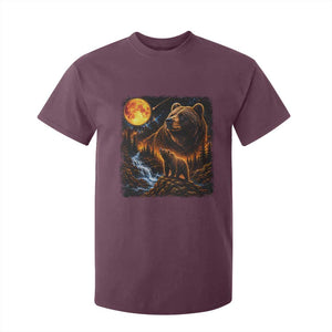 Bear Howling at The Moon 90s Retro T Shirt For Kid Waterfall Celestial Orange Moon Wildlife Graphic