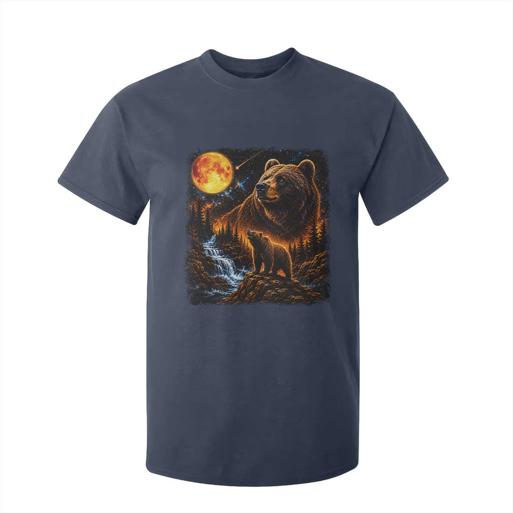 Bear Howling at The Moon 90s Retro T Shirt For Kid Waterfall Celestial Orange Moon Wildlife Graphic