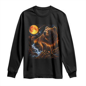 Bear Howling at The Moon 90s Retro Long Sleeve Shirt Waterfall Celestial Orange Moon Wildlife Graphic