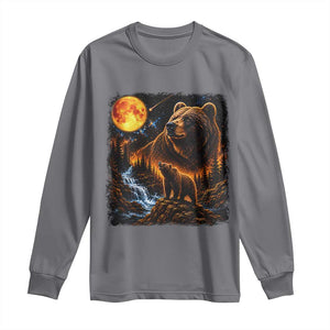 Bear Howling at The Moon 90s Retro Long Sleeve Shirt Waterfall Celestial Orange Moon Wildlife Graphic