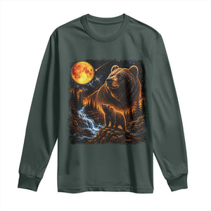 Bear Howling at The Moon 90s Retro Long Sleeve Shirt Waterfall Celestial Orange Moon Wildlife Graphic
