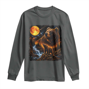 Bear Howling at The Moon 90s Retro Long Sleeve Shirt Waterfall Celestial Orange Moon Wildlife Graphic