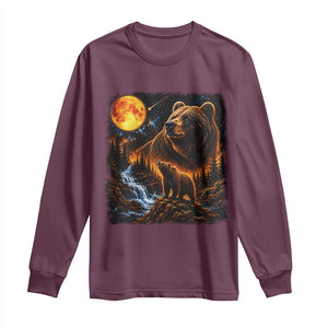 Bear Howling at The Moon 90s Retro Long Sleeve Shirt Waterfall Celestial Orange Moon Wildlife Graphic