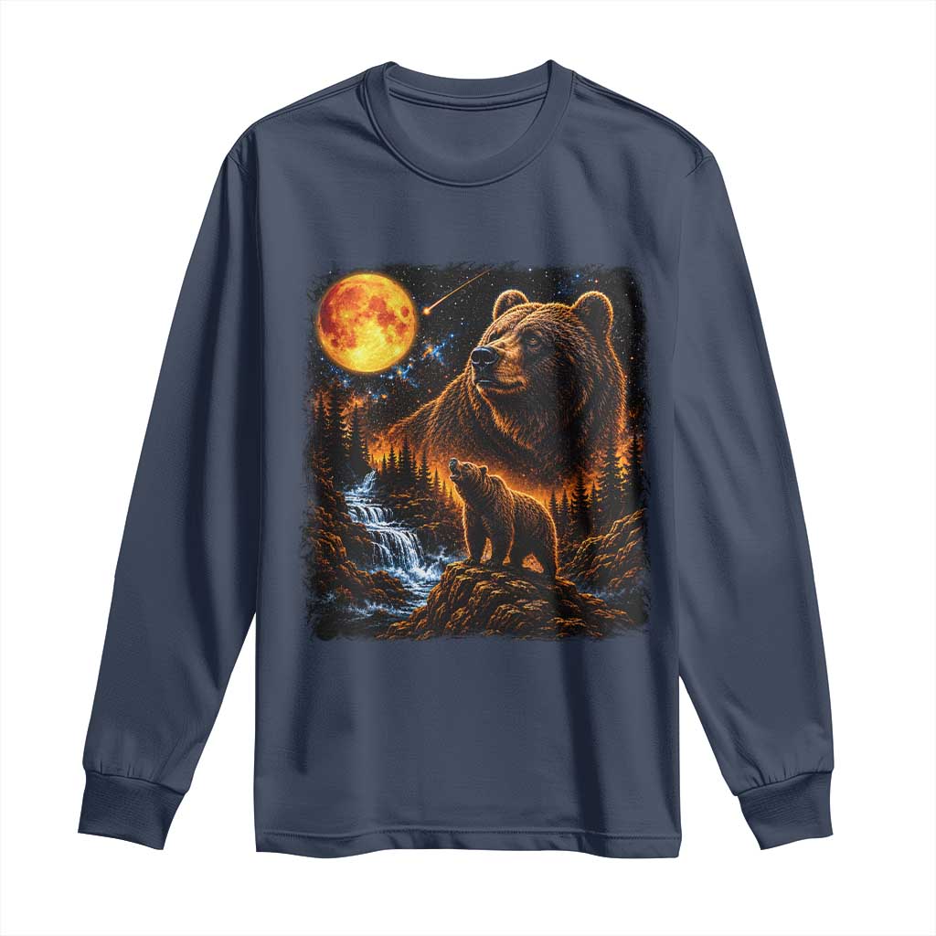 Bear Howling at The Moon 90s Retro Long Sleeve Shirt Waterfall Celestial Orange Moon Wildlife Graphic