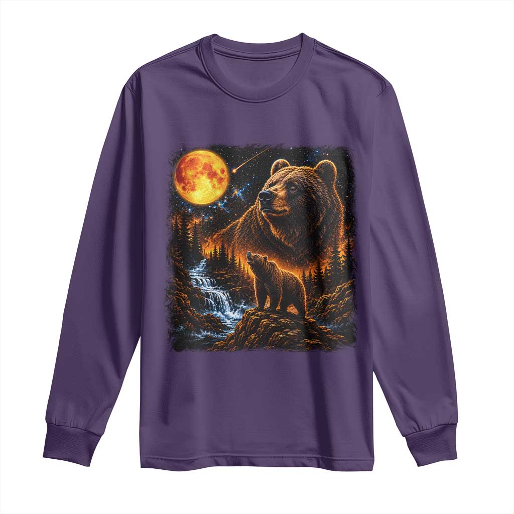 Bear Howling at The Moon 90s Retro Long Sleeve Shirt Waterfall Celestial Orange Moon Wildlife Graphic