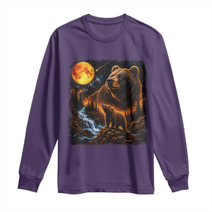 Bear Howling at The Moon 90s Retro Long Sleeve Shirt Waterfall Celestial Orange Moon Wildlife Graphic