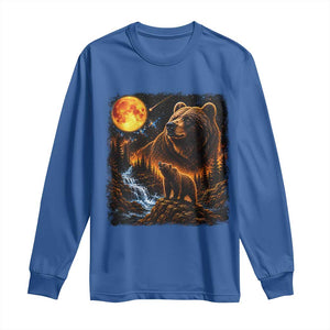Bear Howling at The Moon 90s Retro Long Sleeve Shirt Waterfall Celestial Orange Moon Wildlife Graphic
