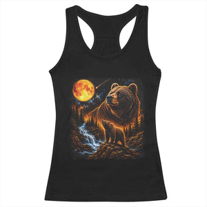 Bear Howling at The Moon 90s Retro Racerback Tank Top Waterfall Celestial Orange Moon Wildlife Graphic