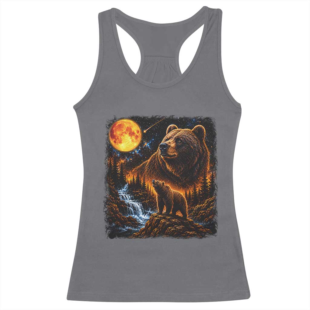 Bear Howling at The Moon 90s Retro Racerback Tank Top Waterfall Celestial Orange Moon Wildlife Graphic