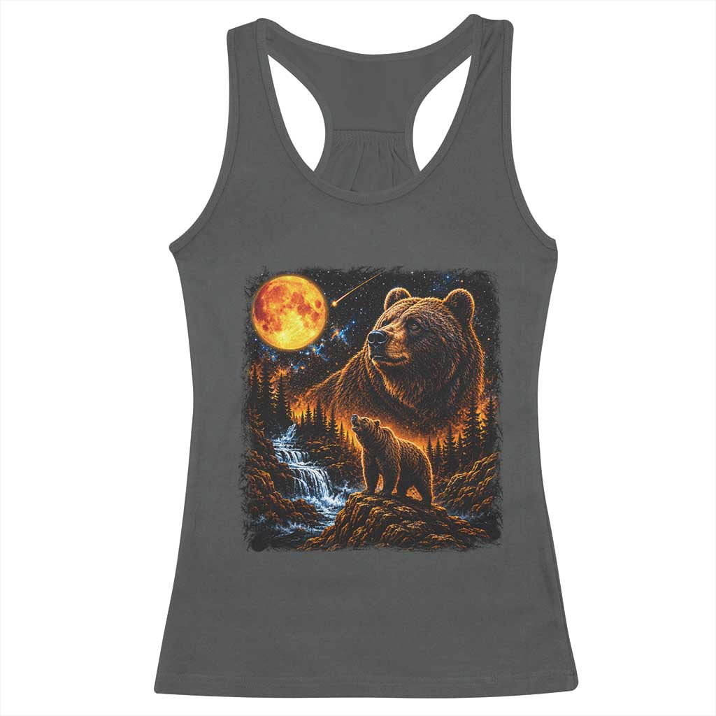 Bear Howling at The Moon 90s Retro Racerback Tank Top Waterfall Celestial Orange Moon Wildlife Graphic