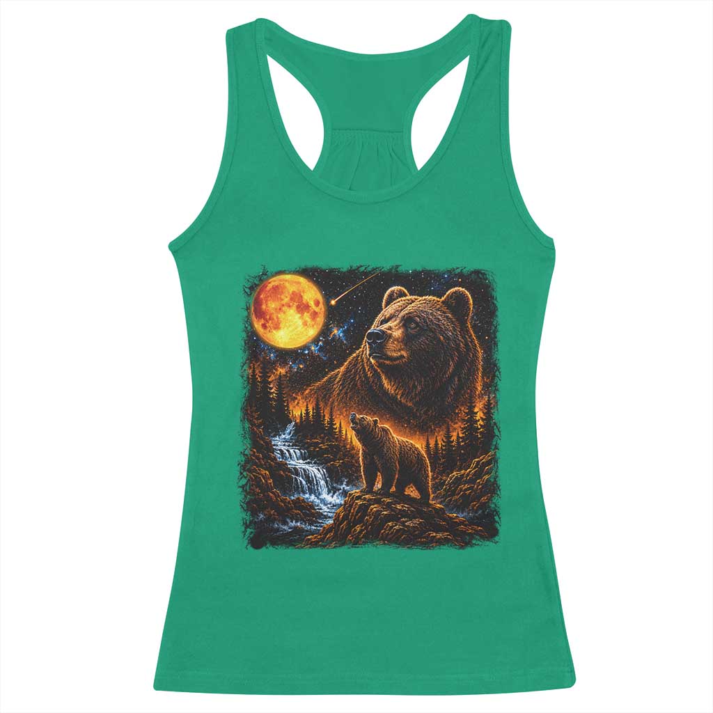 Bear Howling at The Moon 90s Retro Racerback Tank Top Waterfall Celestial Orange Moon Wildlife Graphic