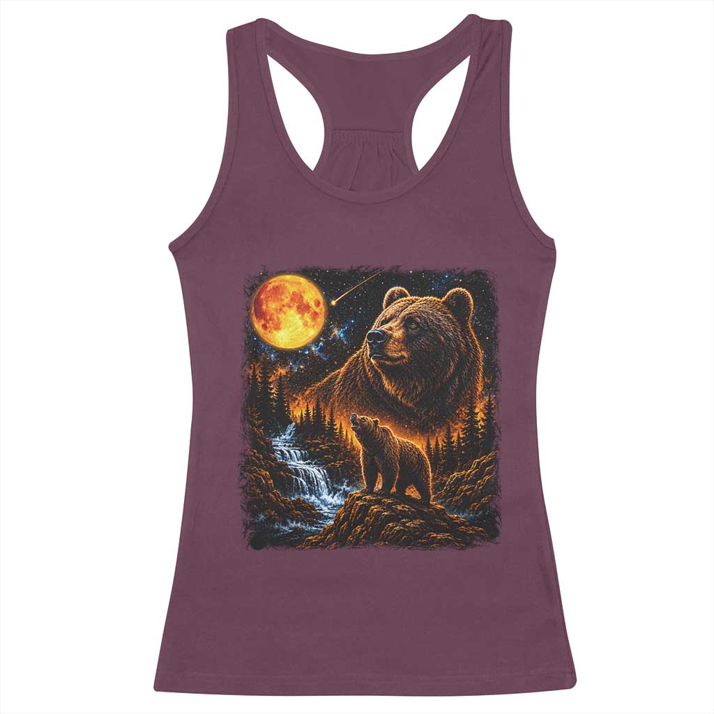Bear Howling at The Moon 90s Retro Racerback Tank Top Waterfall Celestial Orange Moon Wildlife Graphic