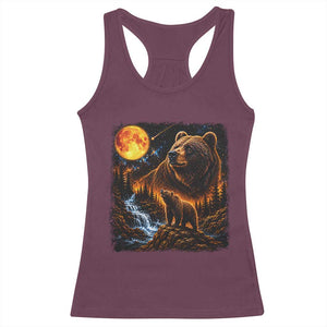 Bear Howling at The Moon 90s Retro Racerback Tank Top Waterfall Celestial Orange Moon Wildlife Graphic
